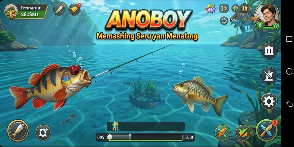 Tampilan gameplay ANOBOY yang menawan saat memancing.
