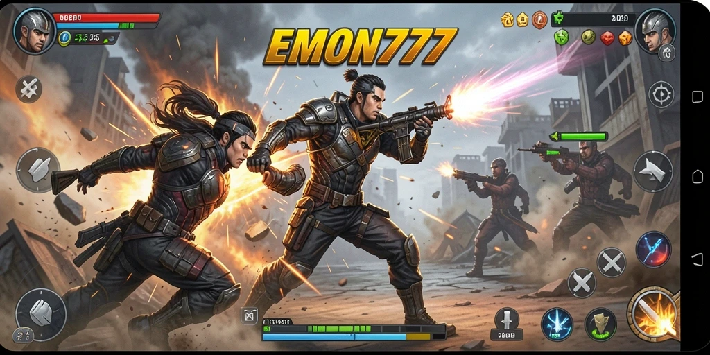 Tangkapan layar EMON777 menampilkan aksi karakter dalam pertempuran sengit.