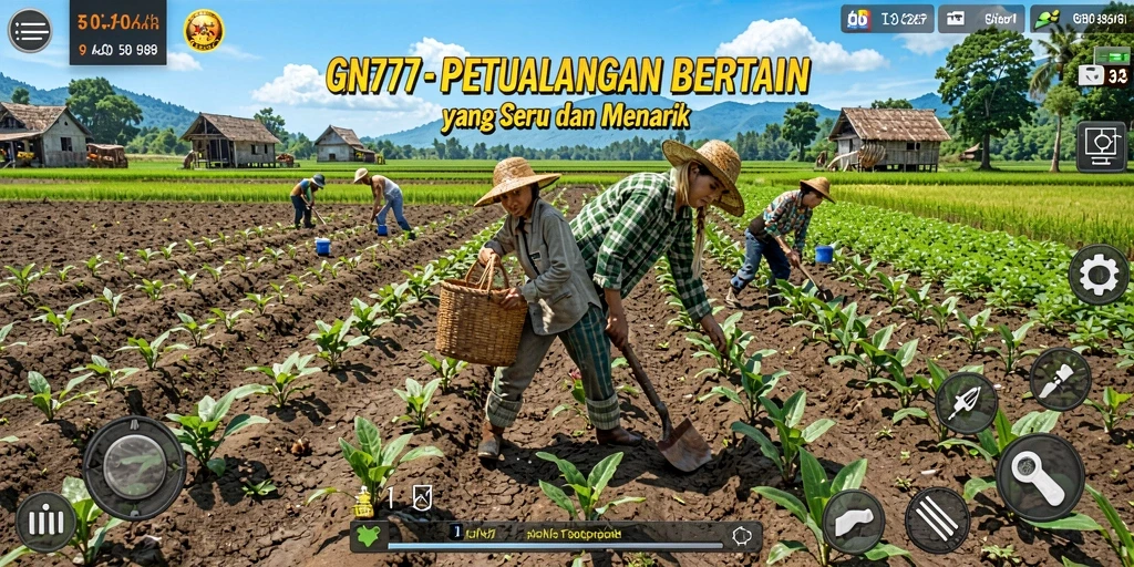 Tangkapan layar gameplay GN777 menampilkan kebun yang indah dan hewan ternak yang lucu.