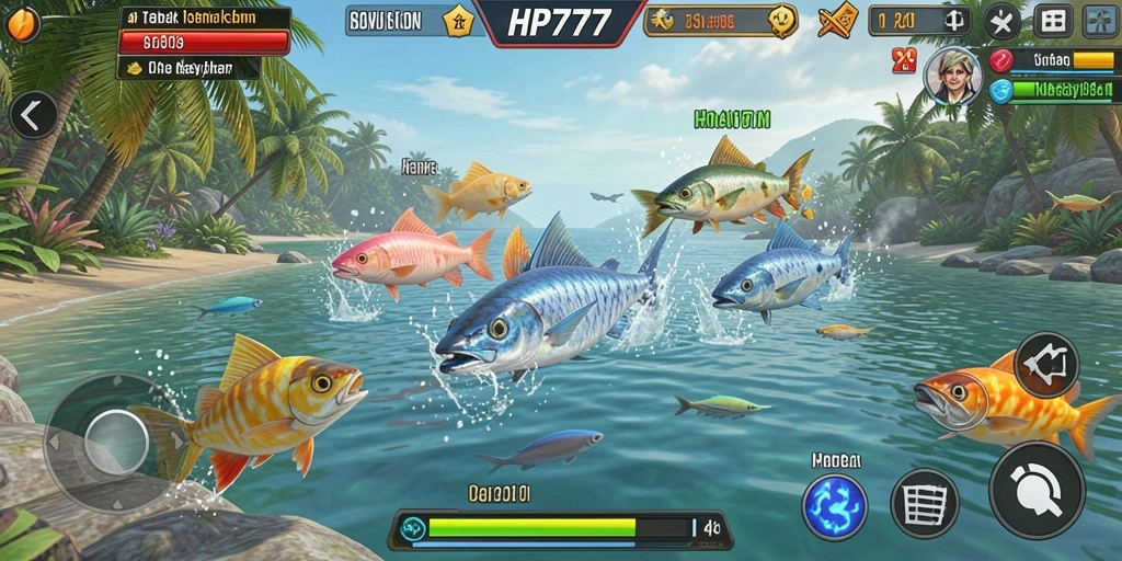 Tampilan gameplay HP777 dengan berbagai ikan berwarna-warni.