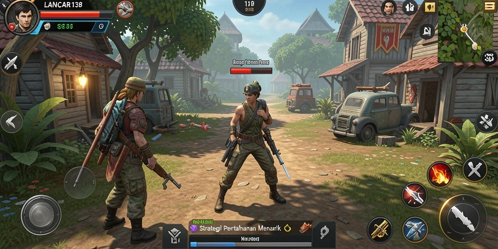 Screenshot gameplay menampilkan menara pertahanan yang strategis.