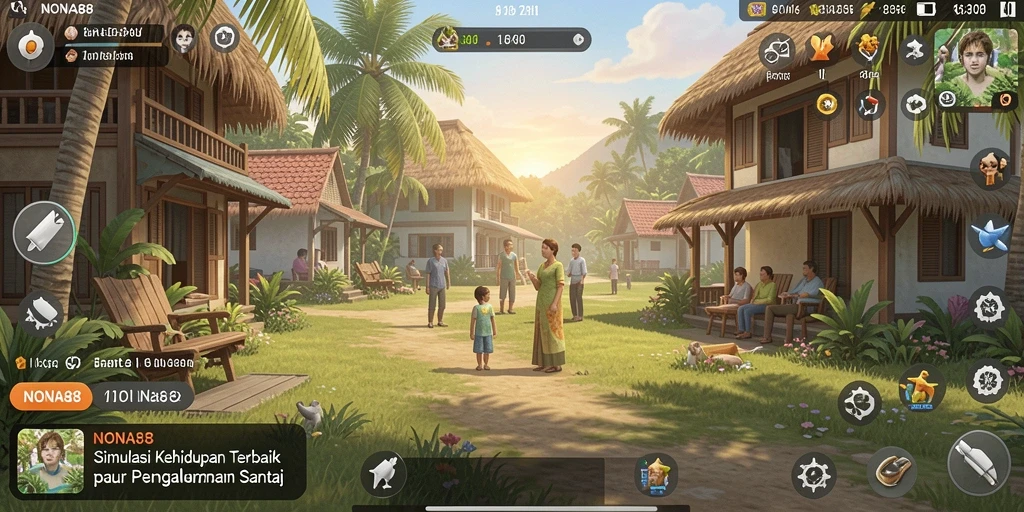 Screenshot gameplay NONA88 menampilkan aktivitas seru dalam simulasi kehidupan.